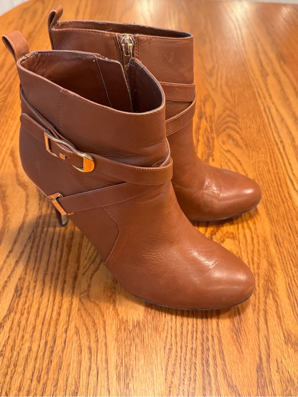Marc Fisher Cognac Brown Leather Ankle Booties with Wrap Strap & Buckle